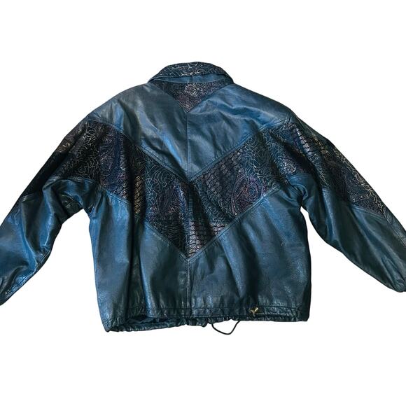 Vintage 80s Black Leather Jacket Metallic Gold Patchwork Suede Large 1990s 1980s - Picture 2 of 12